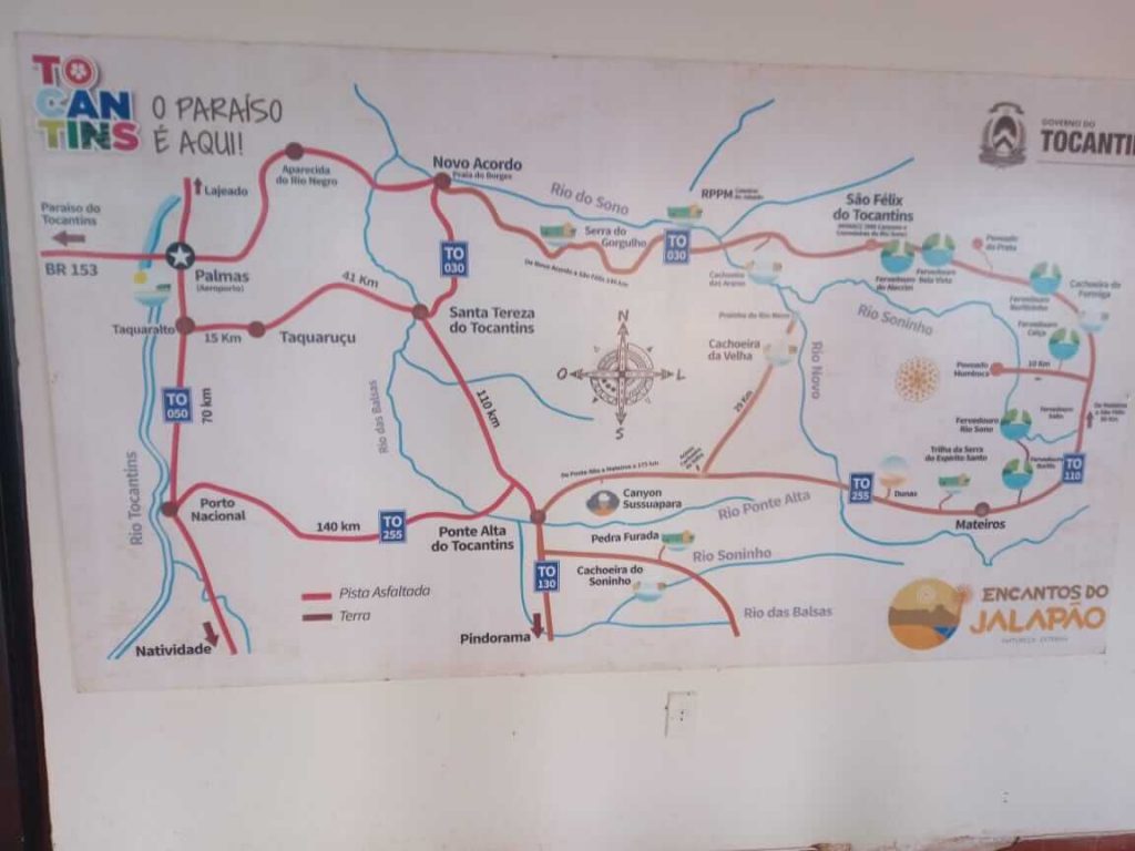 Mapa detalhado com informação das distâncias de toda região do Jalapão, no Estados do Tocantins.